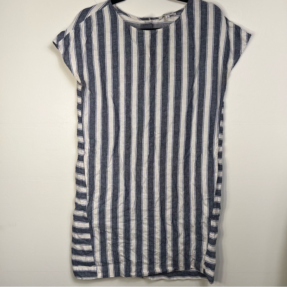 Madewell XS Striped Linen Cotton Button Back Shift Dress Blue White Coastal - Picture 2 of 10